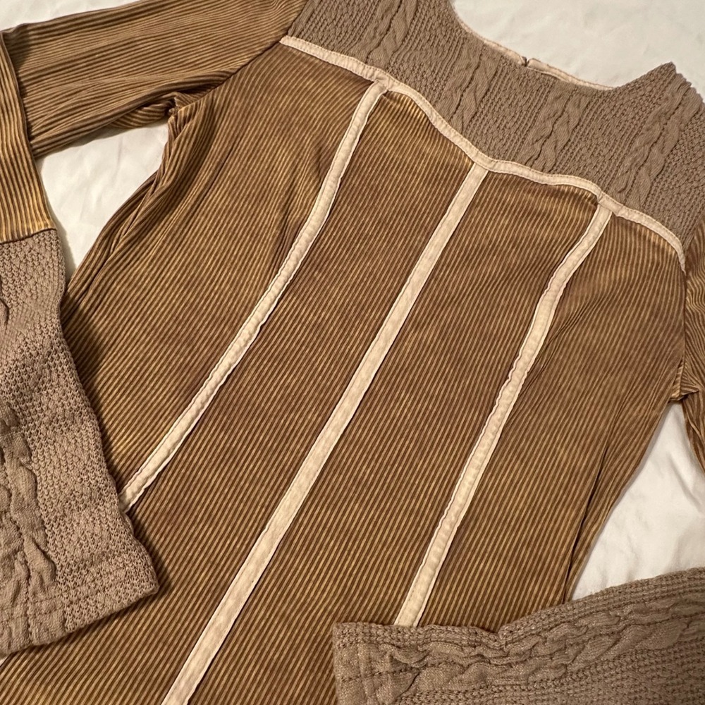 Gimmicks Mixed Media Top Womens Small Brown Excellent Cable Knit Ribbed Boho
